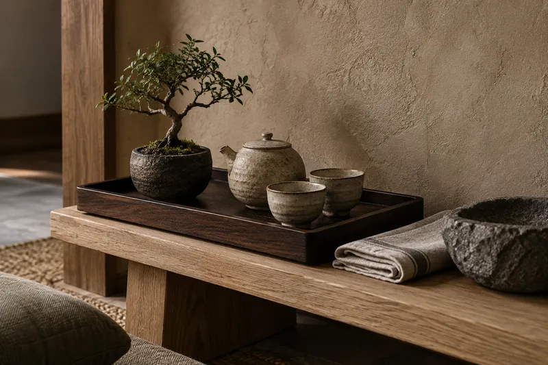 Japandi details: walnut tray with a handmade ceramic tea set, small bonsai, folded linen and a stone bowl on a light oak bench against a clay plaster wall