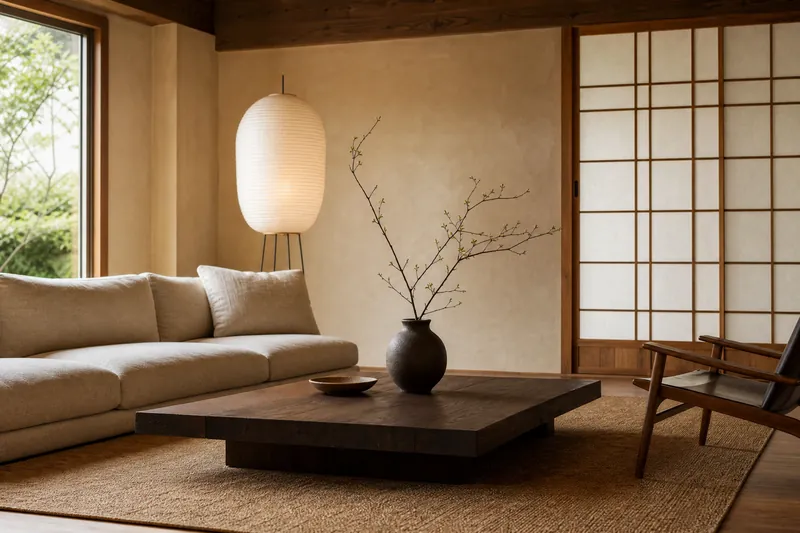 Calm Japandi living room with a low oatmeal linen sofa, dark oak coffee table, paper lantern lamp, shoji-style screen, stone vase with a branch and limewashed walls