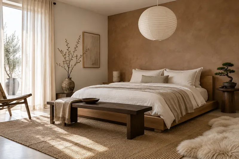 Bedroom blending Japandi and Scandinavian style: low light-oak platform bed with linen bedding, warm clay plaster wall, paper lantern, dark walnut bench, jute rug, sheepskin and a bonsai