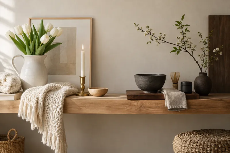 Side-by-side styling on one oak shelf: Scandinavian white jug with tulips, knitted throw and brass candlestick, next to Japandi stoneware bowl, linen cloth, bamboo whisk and a branch in a dark vase