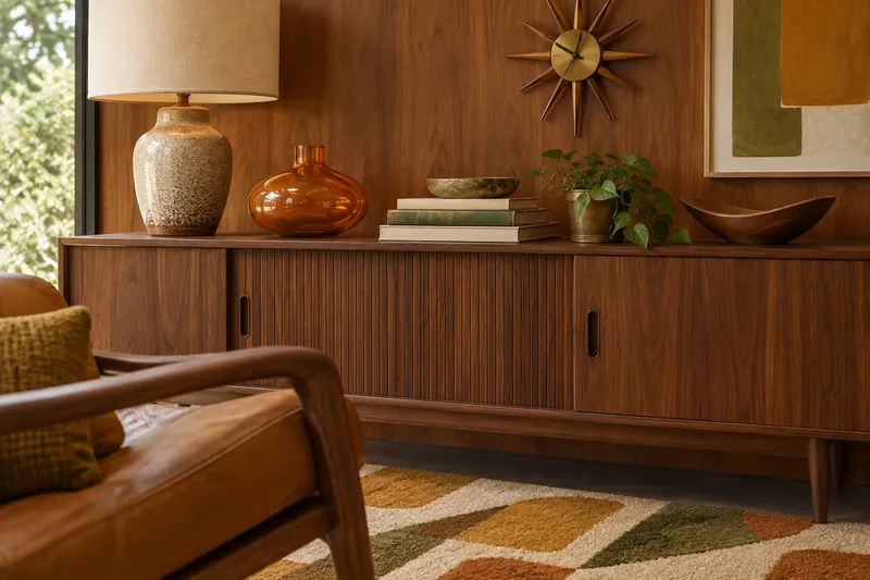 Mid-century modern details: walnut credenza with tambour doors, ceramic table lamp, amber glass vase, brass starburst clock, leather lounge chair and a geometric rug