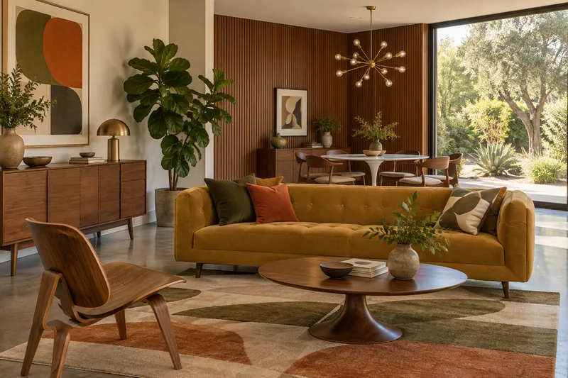 Mid-century modern living room with a mustard tufted sofa on tapered legs, walnut sideboard, moulded plywood lounge chair, slatted teak wall, sputnik pendant and a white pedestal dining table