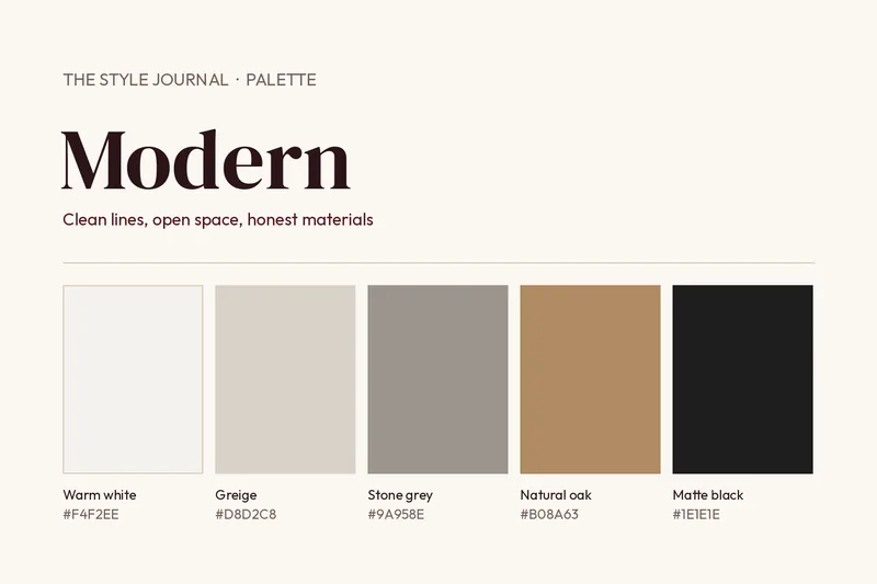 Modern interior style colour palette: warm white, greige, stone grey, natural oak and matte black