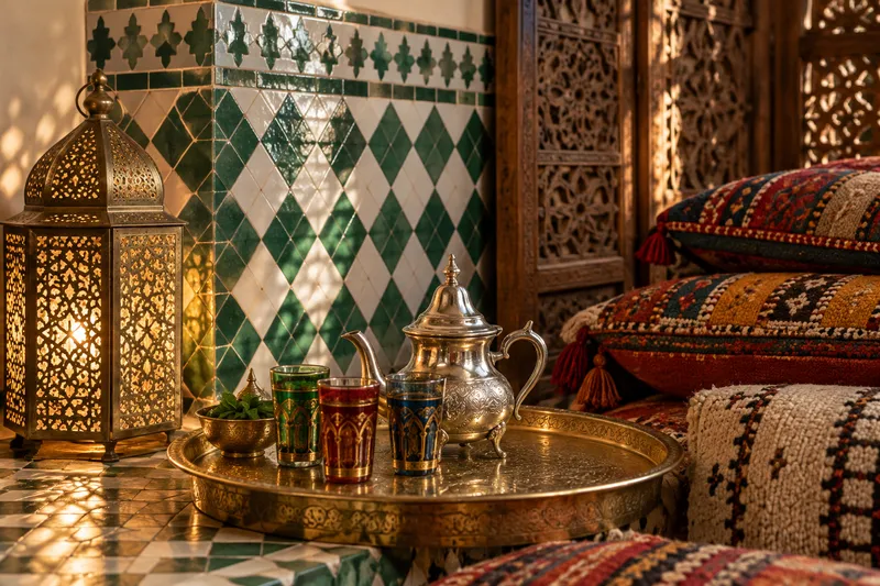 Moroccan decor details: green and white zellige tiles, a pierced brass lantern, a silver teapot with painted tea glasses, colourful woven cushions and a carved cedar screen