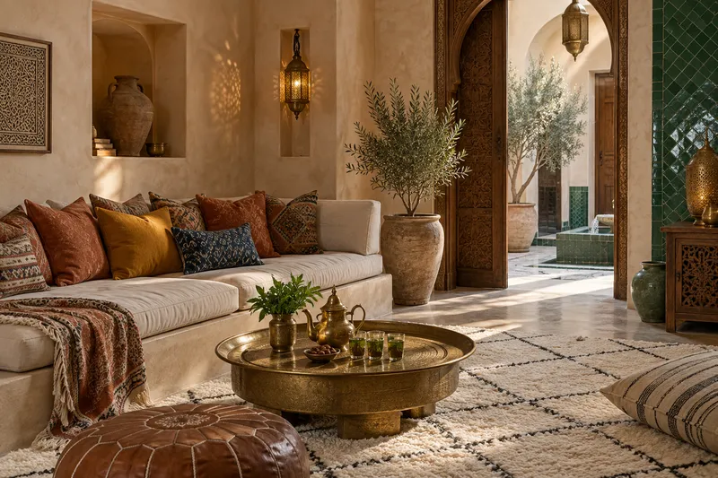 Modern Moroccan living room with a low banquette and patterned cushions, Beni Ourain rug, carved wooden arch, green zellige tile wall, brass lanterns and a mint tea tray