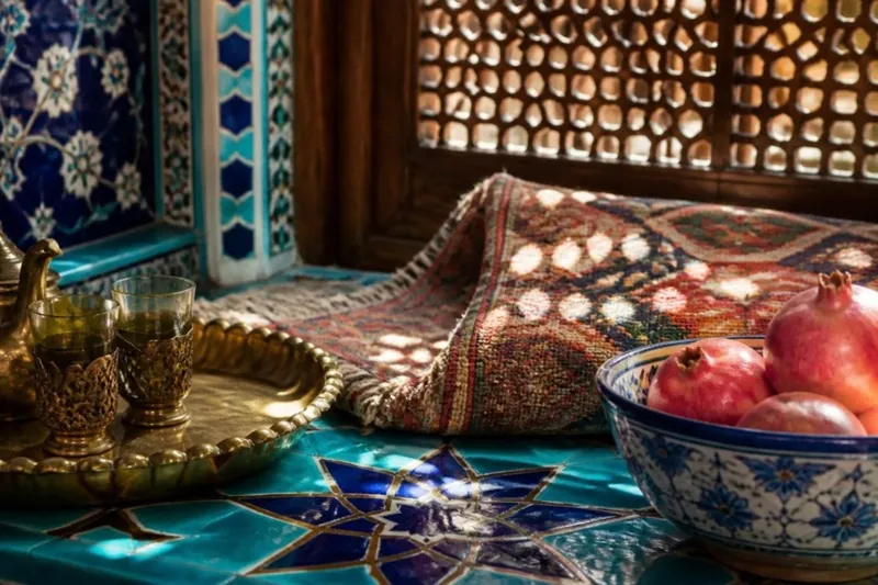 Persian decor details: turquoise geometric tiles, a brass tea tray, a folded kilim, pomegranates in a painted bowl and a carved wooden lattice screen