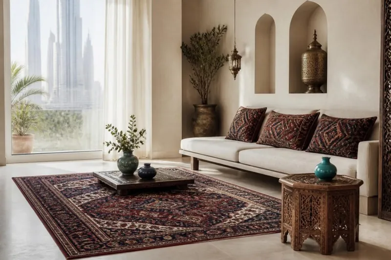 Modern Persian-style living room with a red and indigo Persian rug, kilim cushions, a carved walnut side table, turquoise ceramics and an arched plaster niche