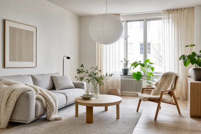 Bright Scandinavian living room with pale oak floor, white walls, grey linen sofa with a wool throw, round birch coffee table, paper pendant lamp and green plants